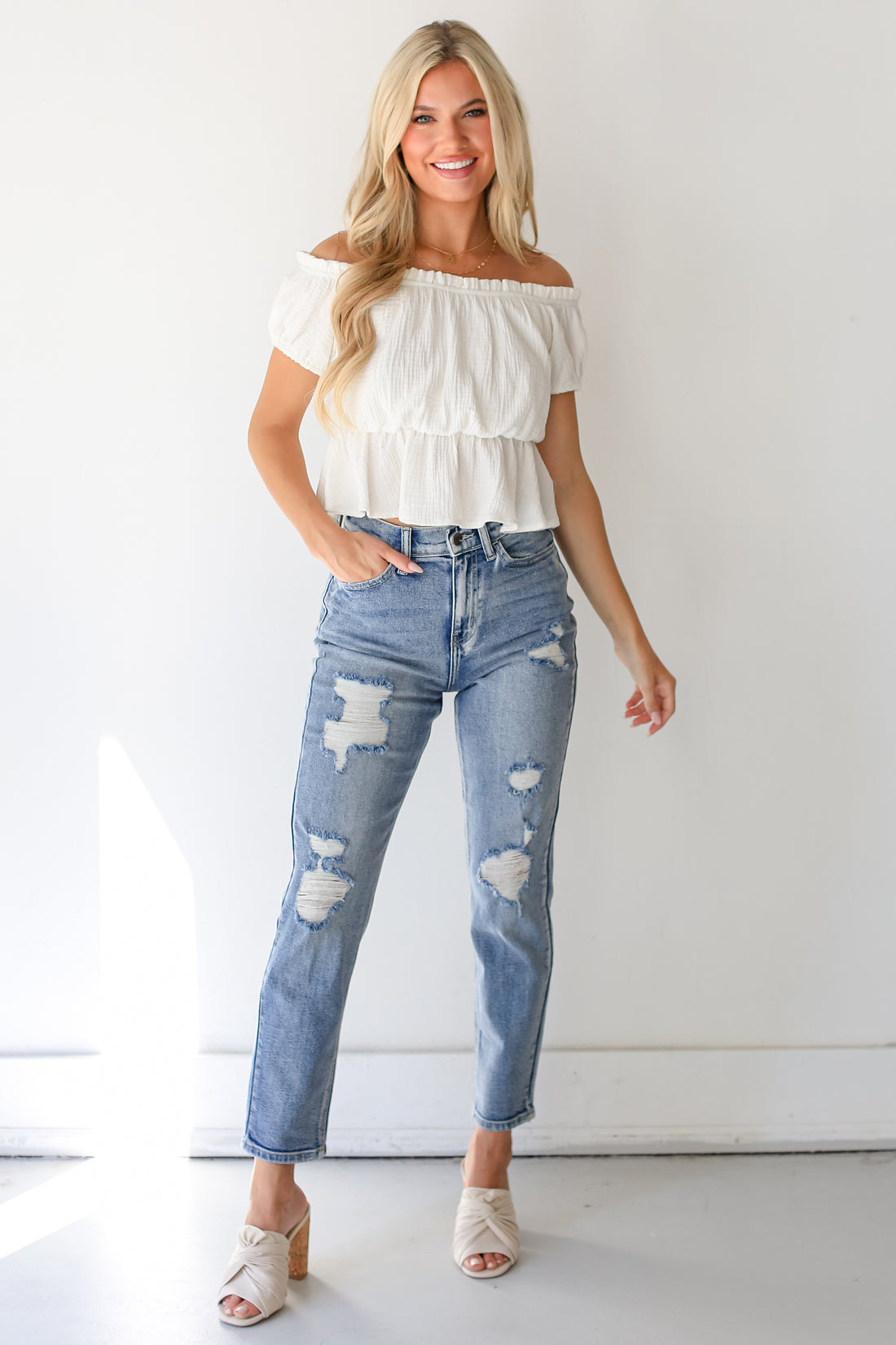 Distressed Mom Leg Jeans on model