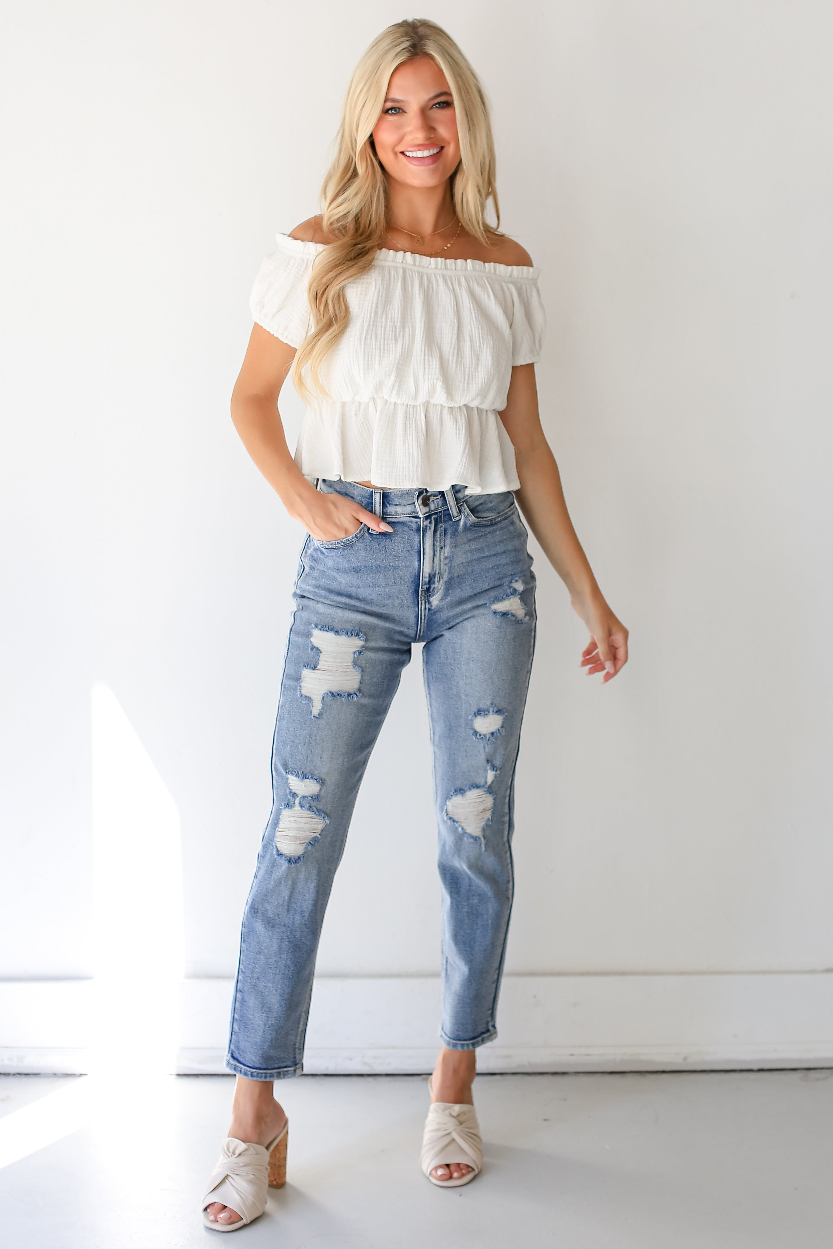 Distressed Mom Leg Jeans on model