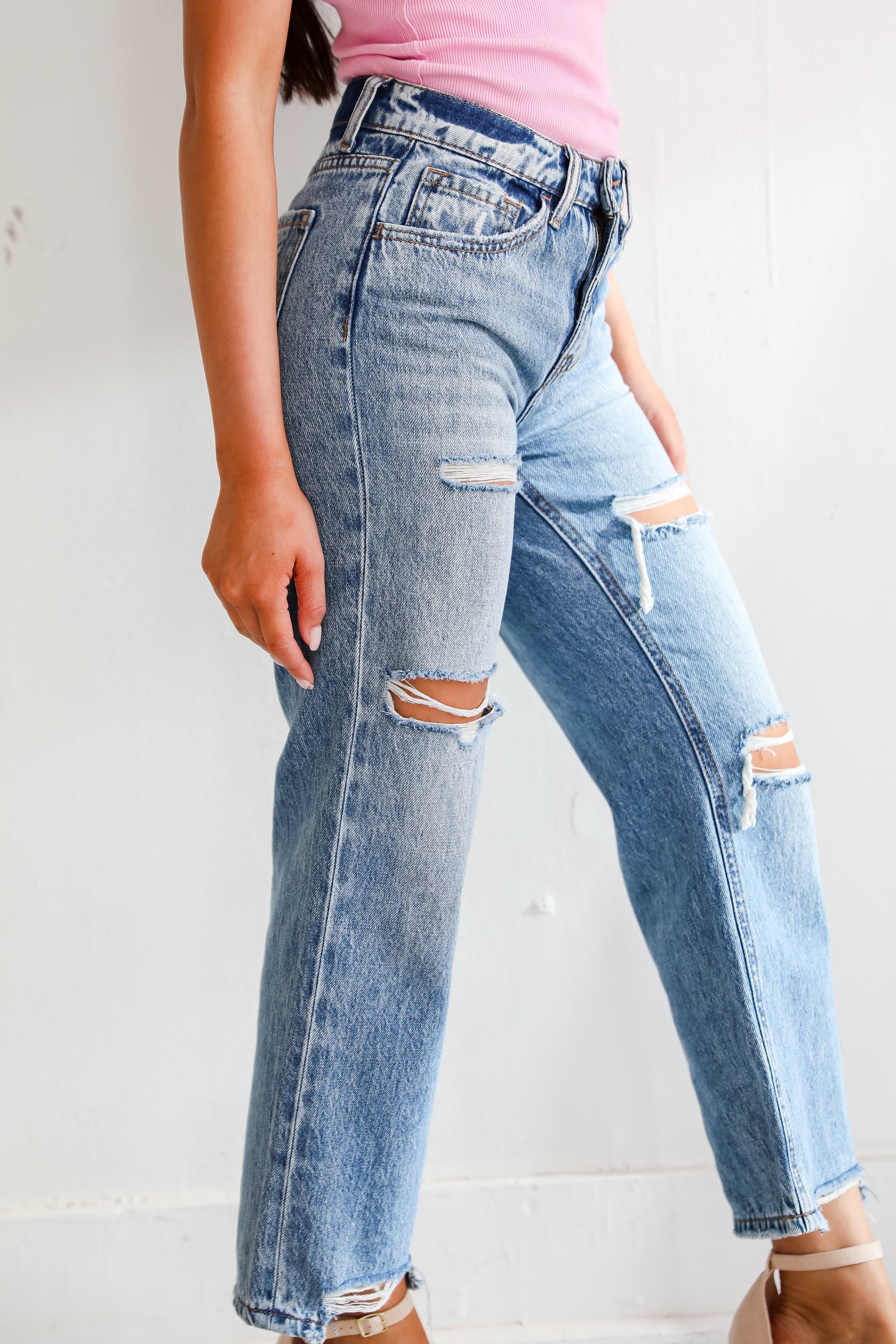 high rise Medium Wash Distressed Straight Leg Jeans