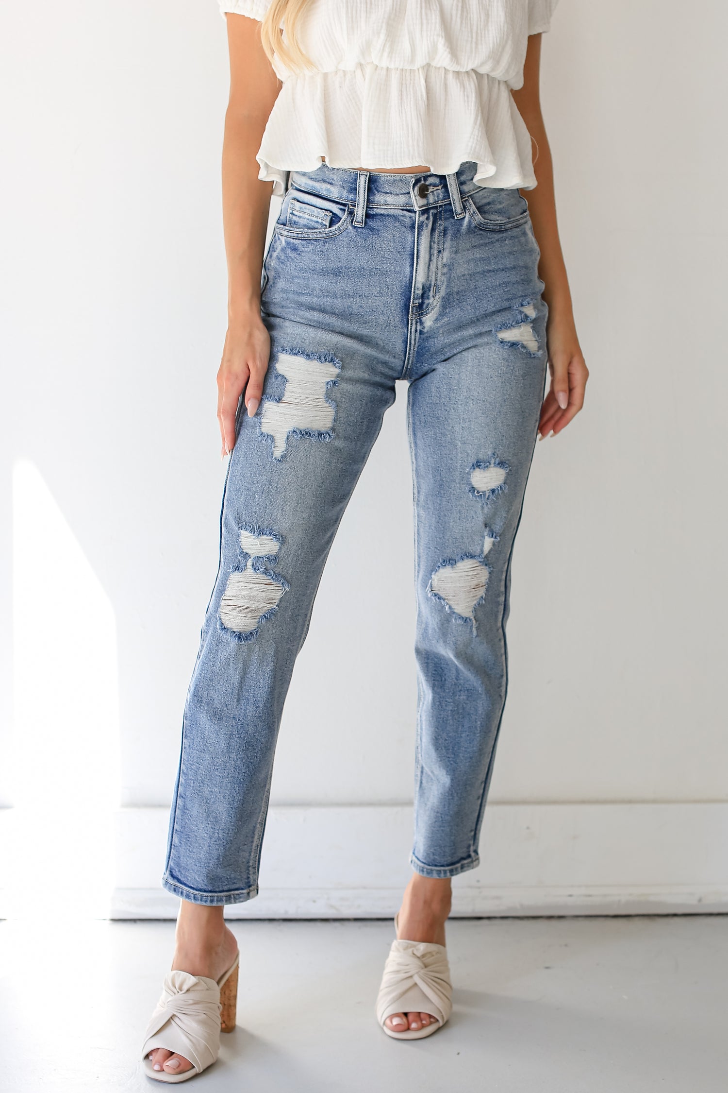 Distressed Mom Leg Jeans close up