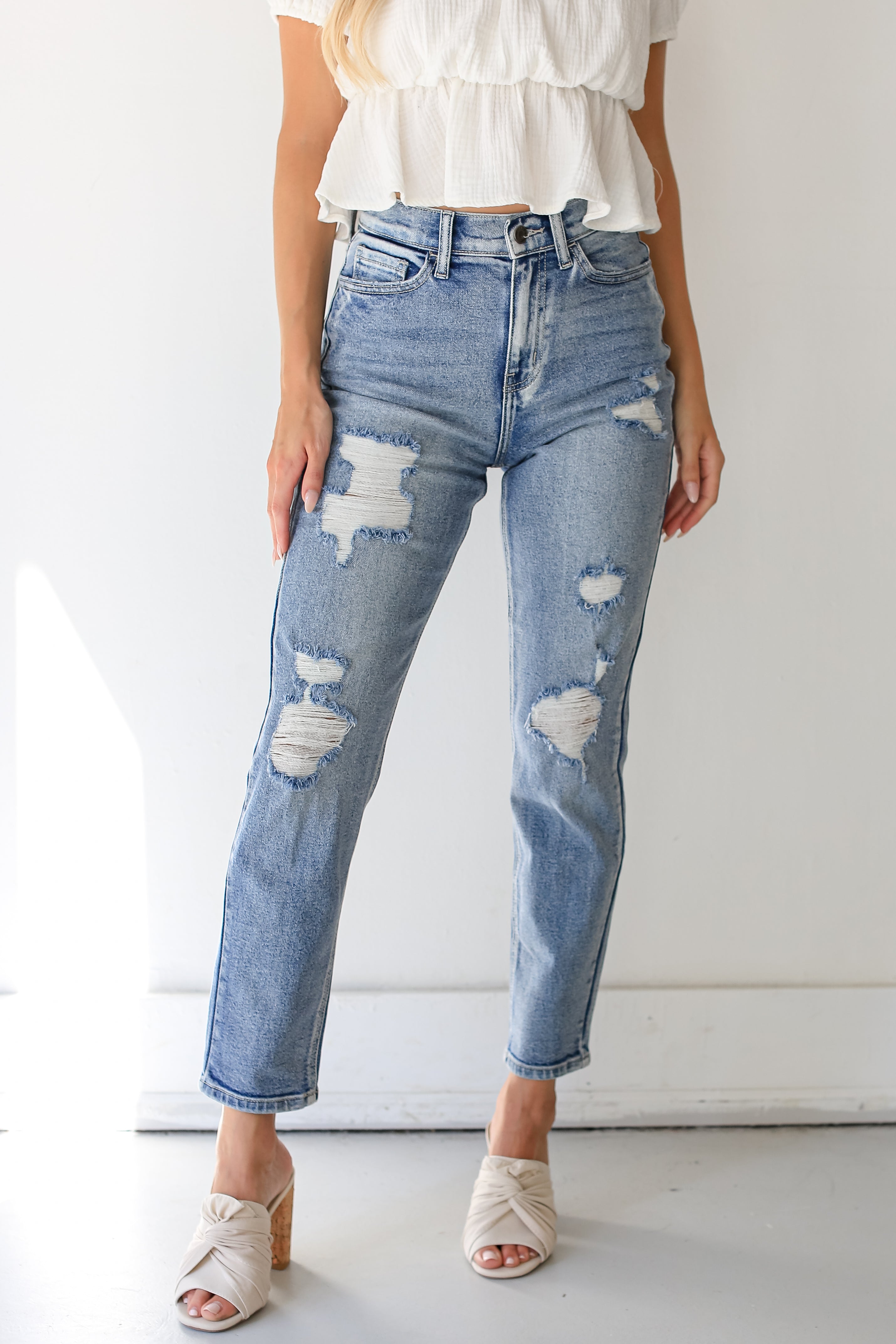 Distressed Mom Leg Jeans close up