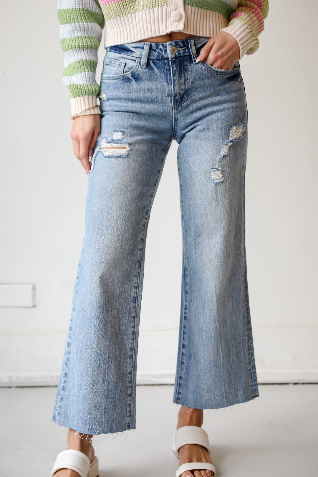 Medium Wash Distressed Wide Leg Jeans