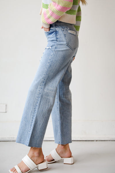 high waisted Medium Wash Distressed Wide Leg Jeans