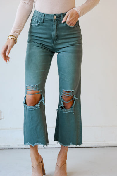 Sage Distressed Flare Jeans close up