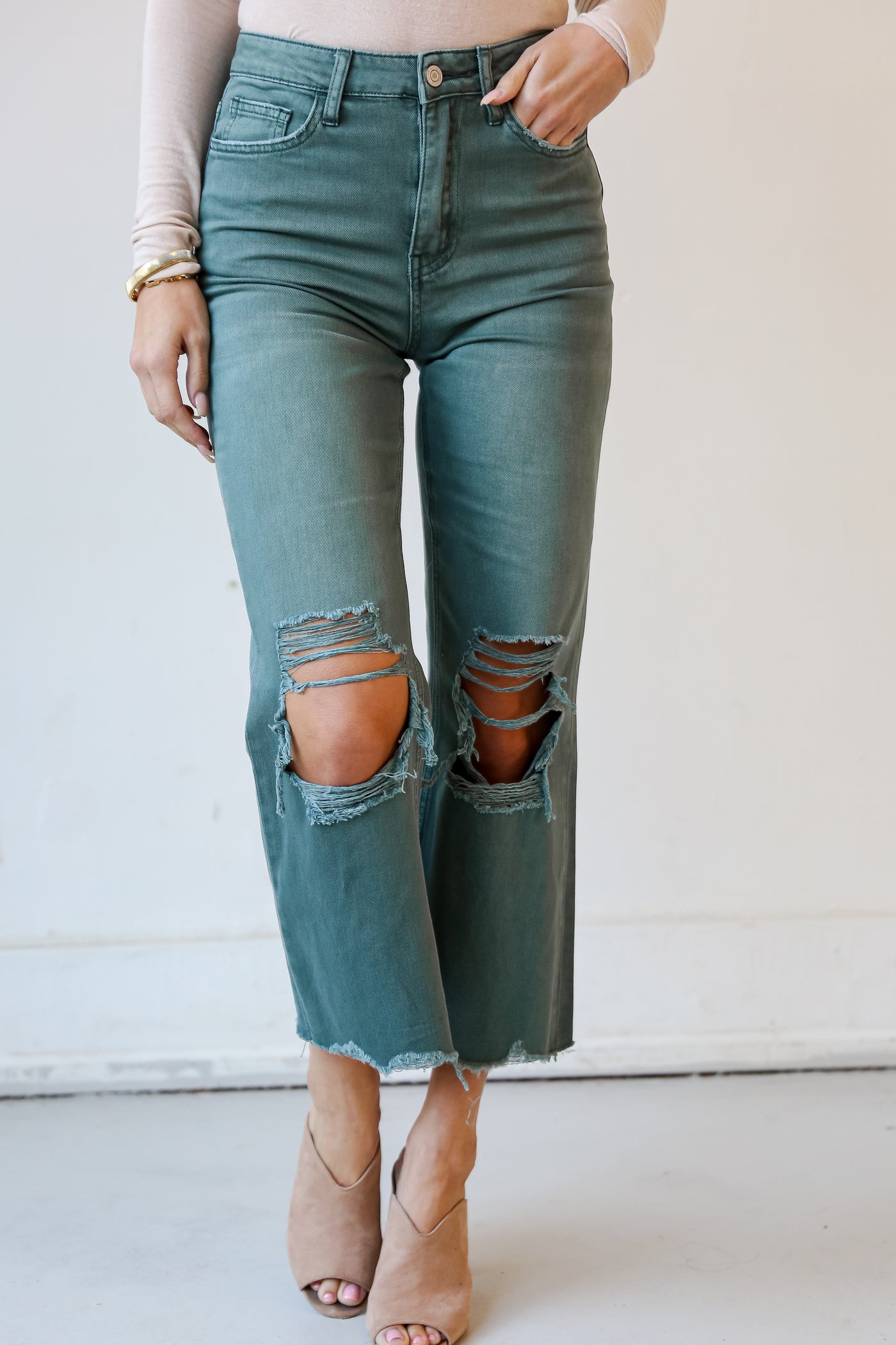 Sage Distressed Flare Jeans front view