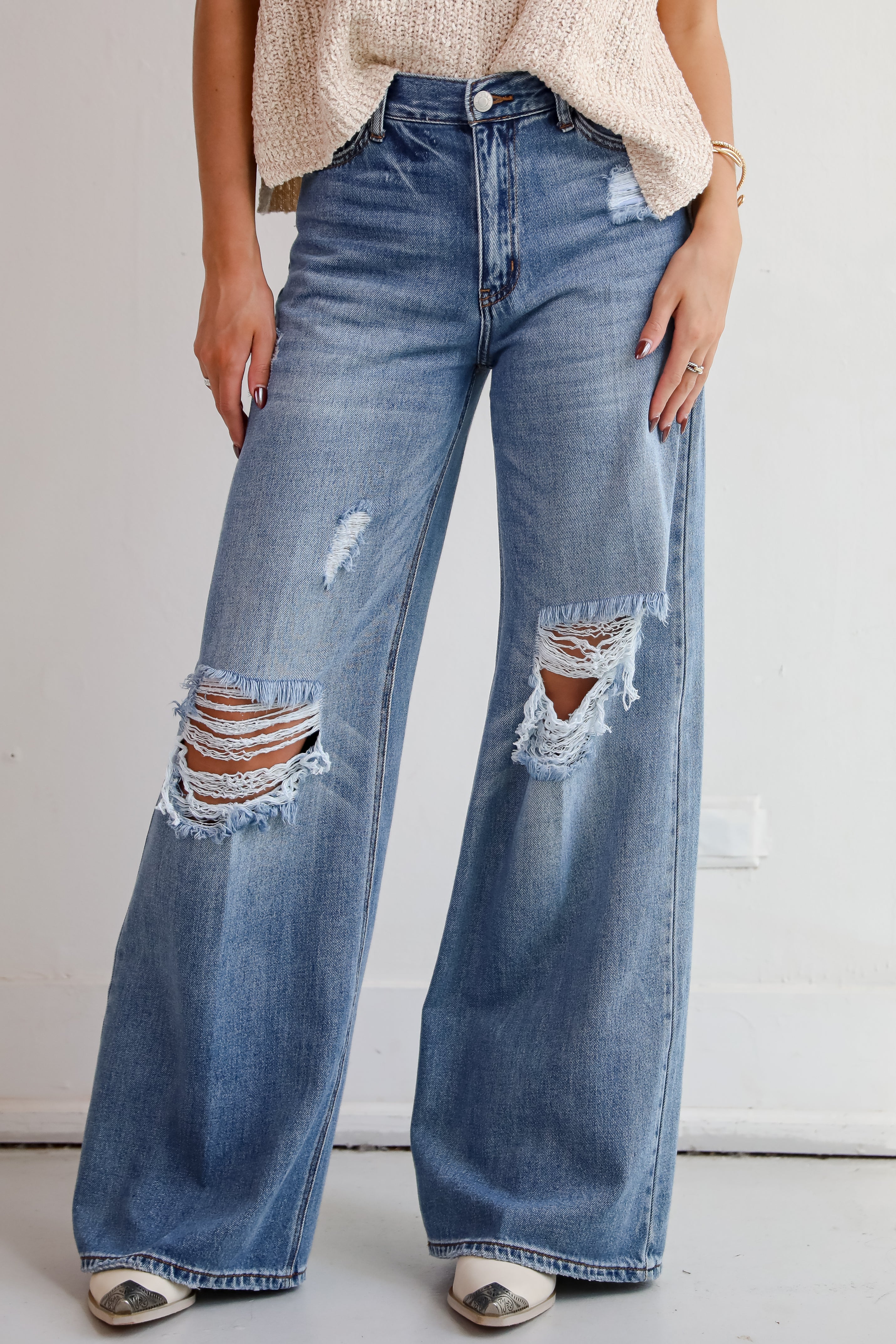 Lennon Medium Wash Distressed Wide Leg Jeans