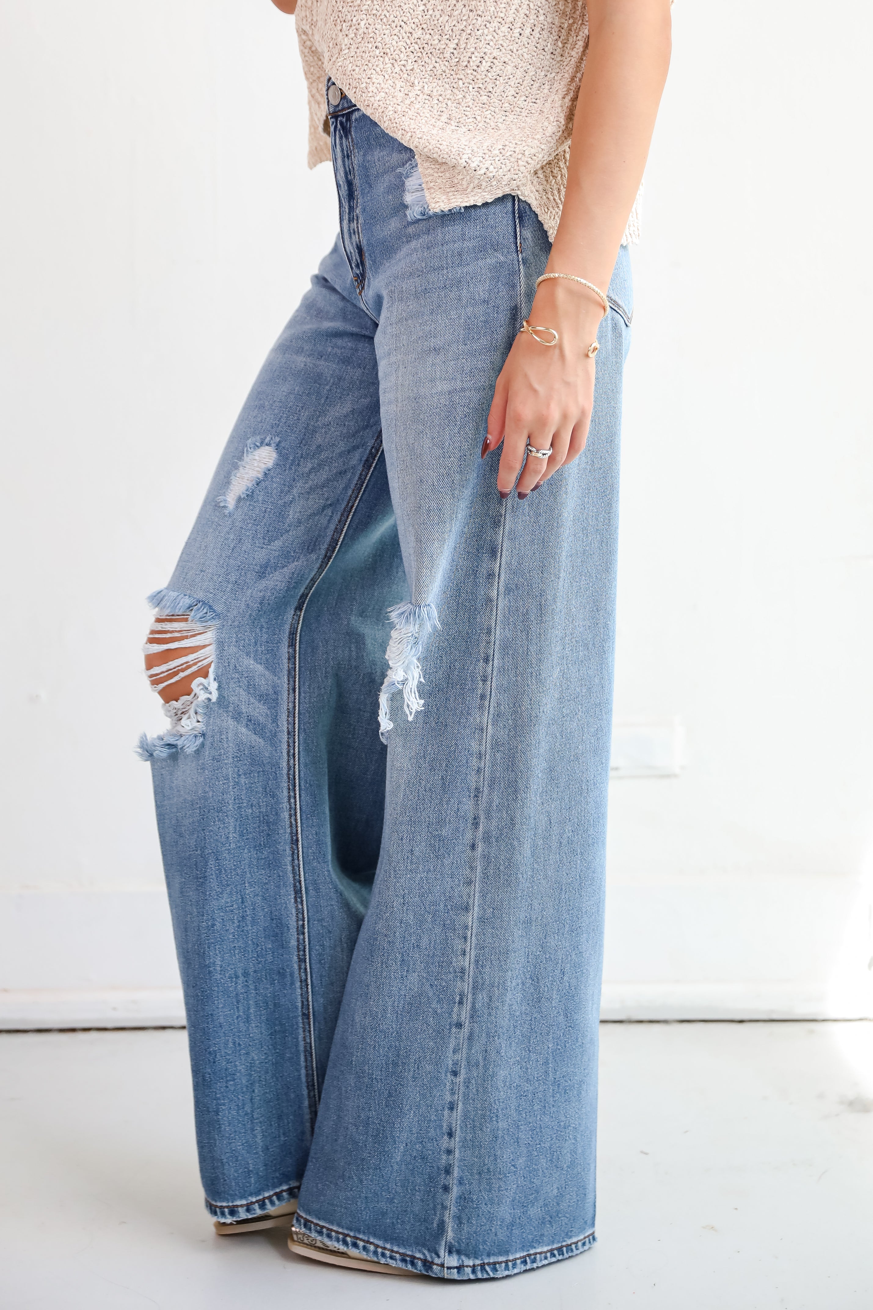 Lennon Medium Wash Distressed Wide Leg Jeans