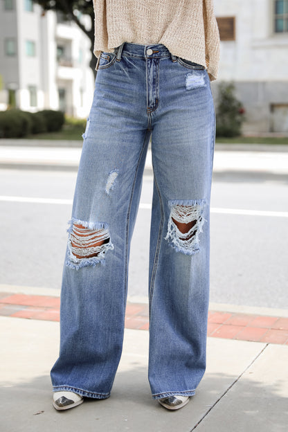 Lennon Medium Wash Distressed Wide Leg Jeans