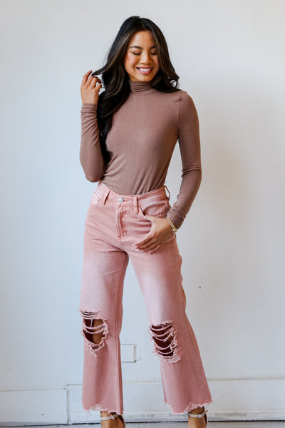 high rise Mauve Distressed Flare Jeans