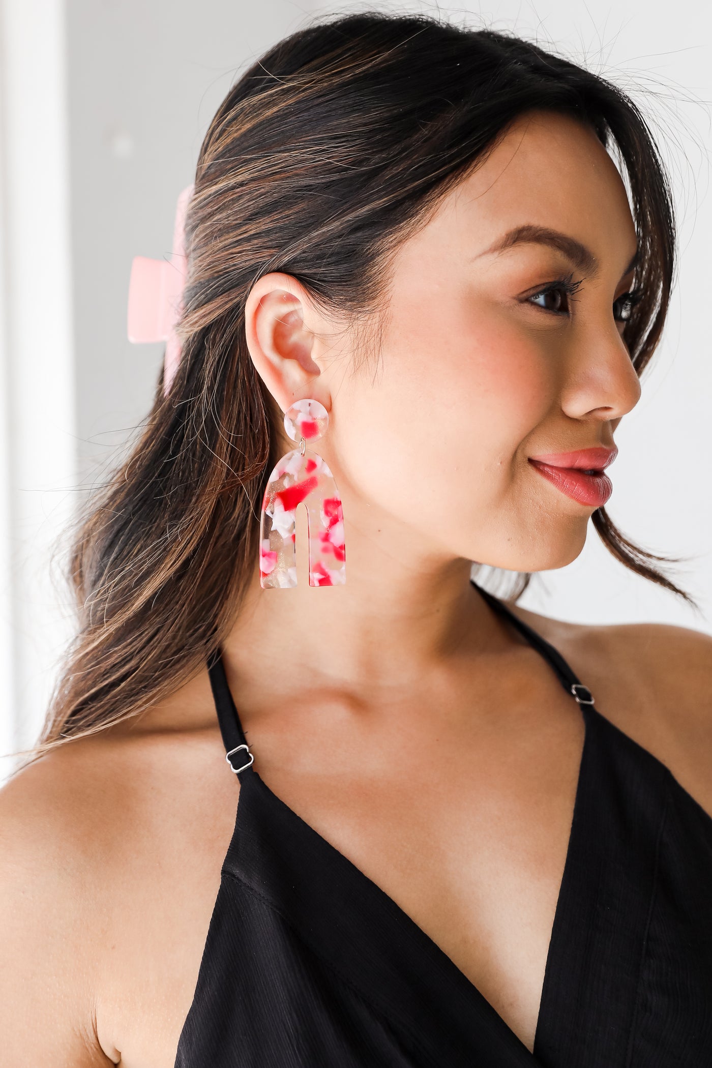 pink Acrylic Statement Earrings on model