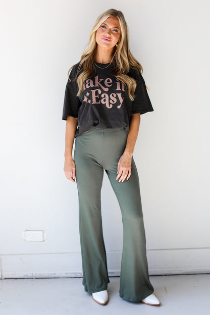 olive green Flare Pants front view on dress up model