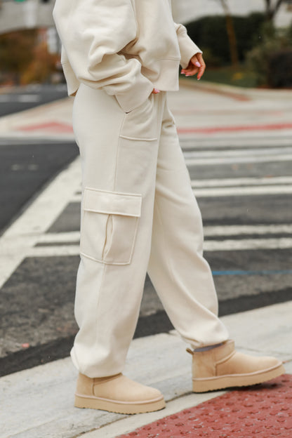 cream Fleece Cargo Jogger Sweatpants