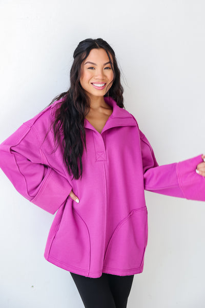 Purple Oversized Fleece Pullover on model