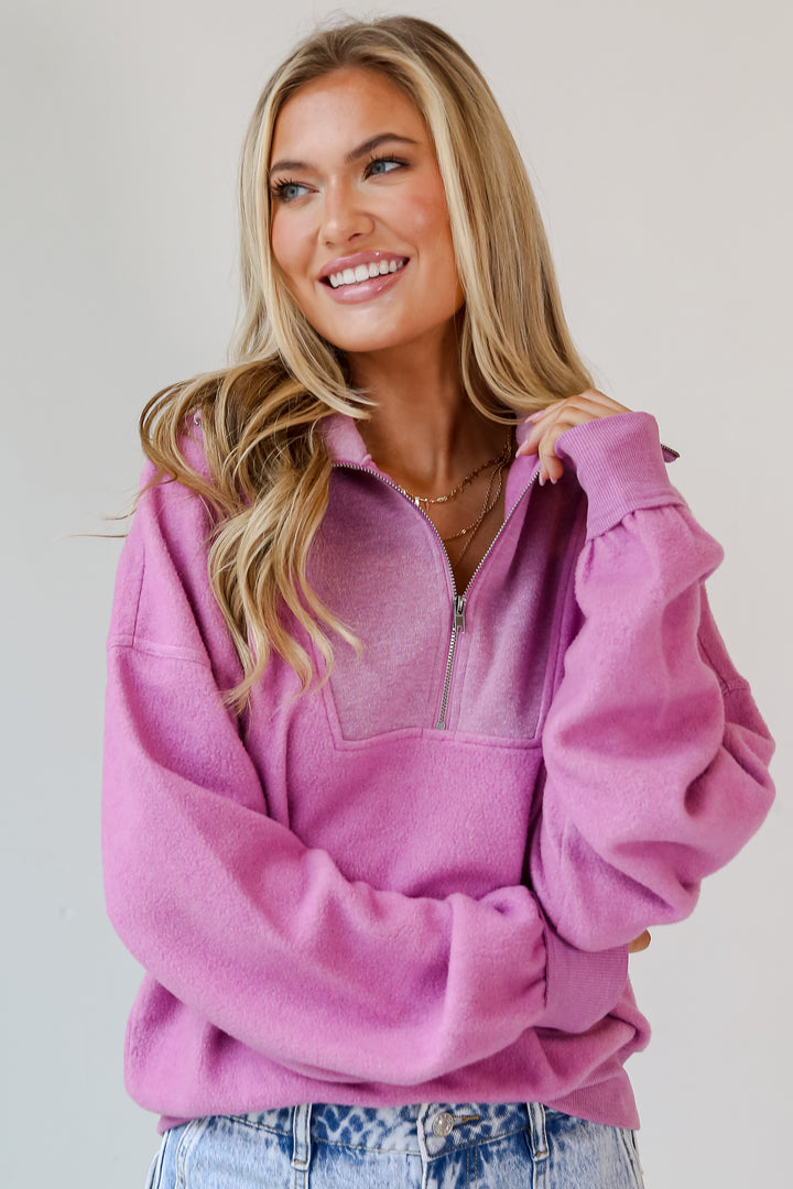 purple Fleece Quarter Zip Pullover on model