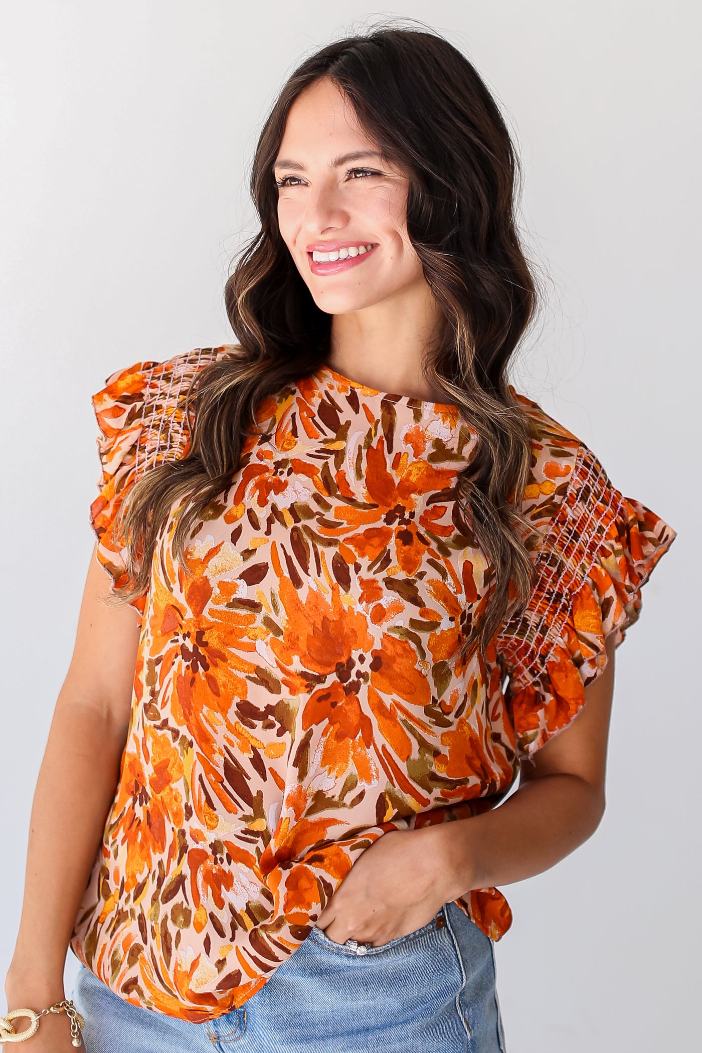 rust Floral Ruffle Sleeve Blouse side view