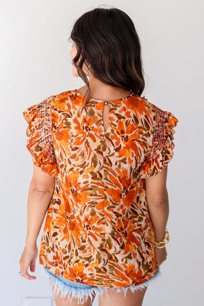 cute rust Floral Ruffle Sleeve Blouse back view