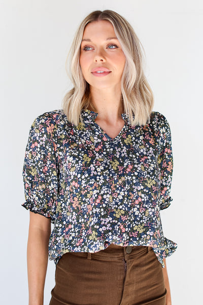 cute navy blue Floral Blouse on dress up model