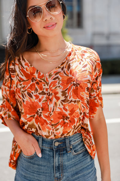 rust Oversized Floral Blouse on model