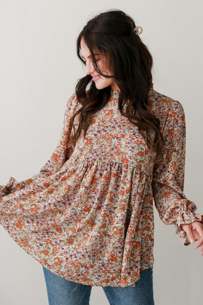 long sleeve Rust Floral Babydoll Blouse