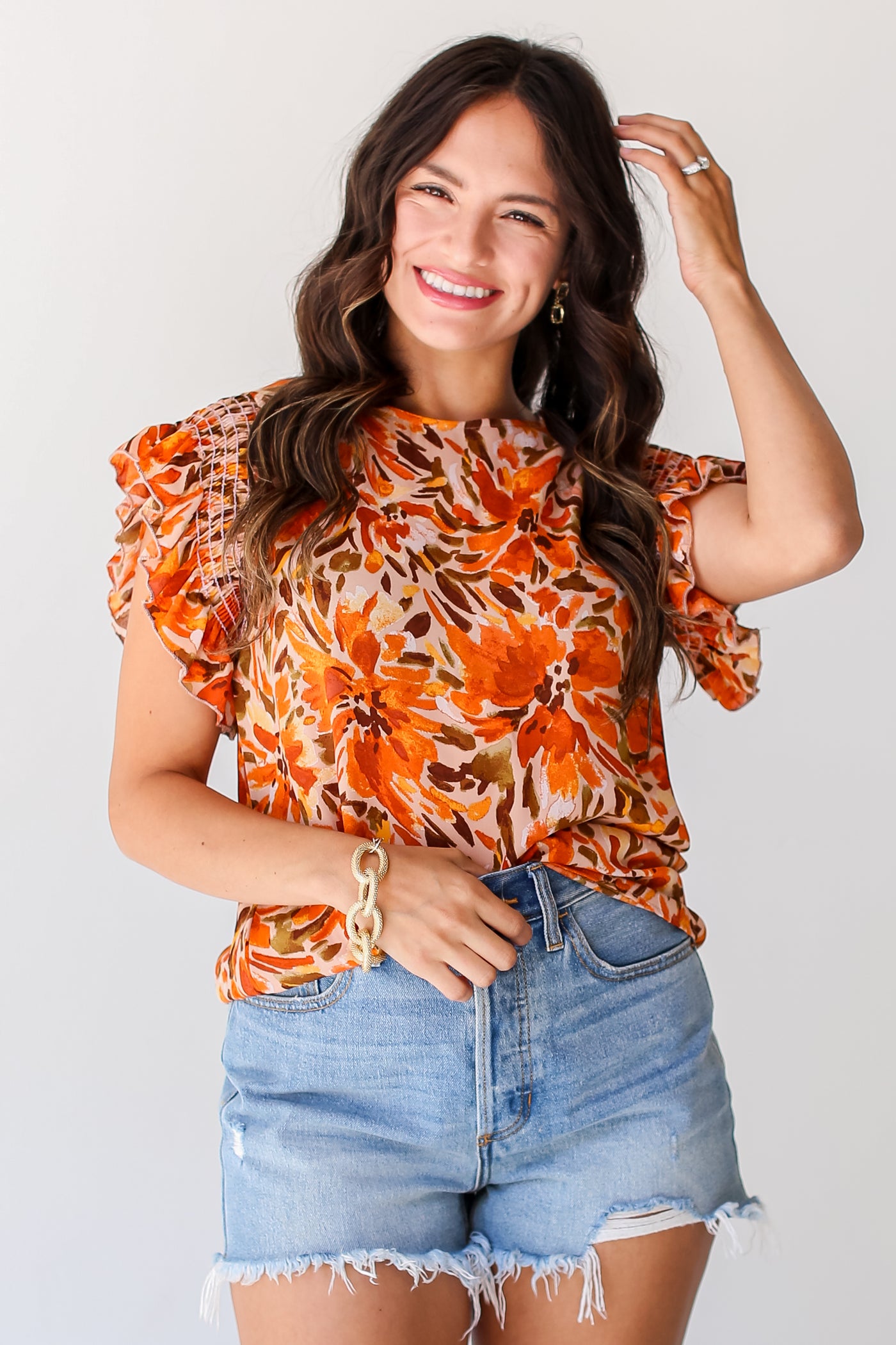 rust Floral Ruffle Sleeve Blouse on dress up model