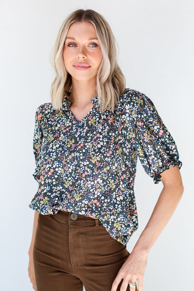 cute navy blue Floral Blouse front view