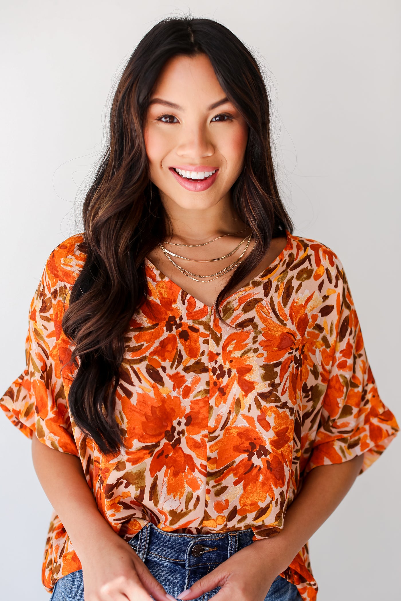 rust Oversized Floral Blouse on dress up model