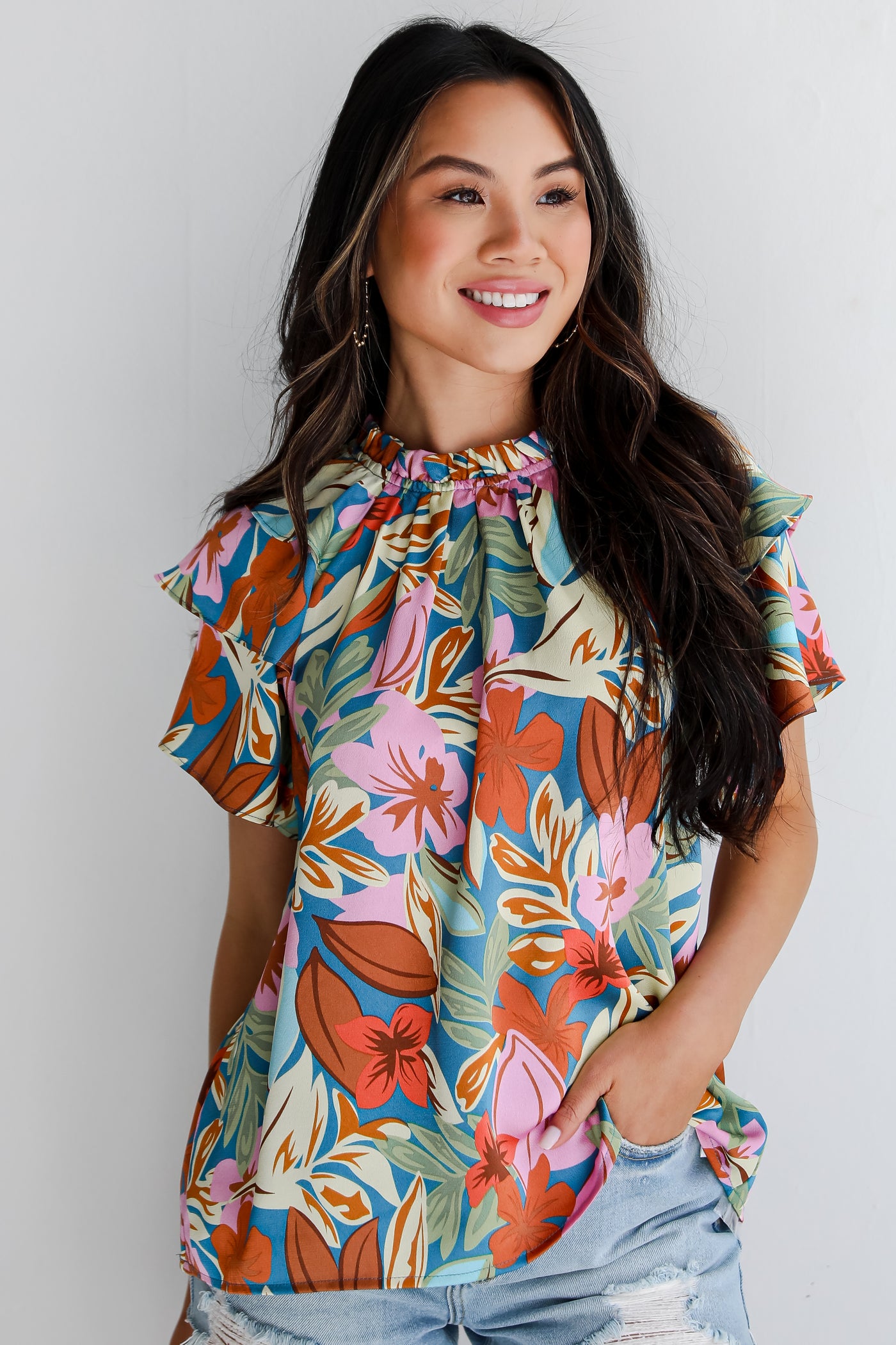 trendy Teal Floral Blouse