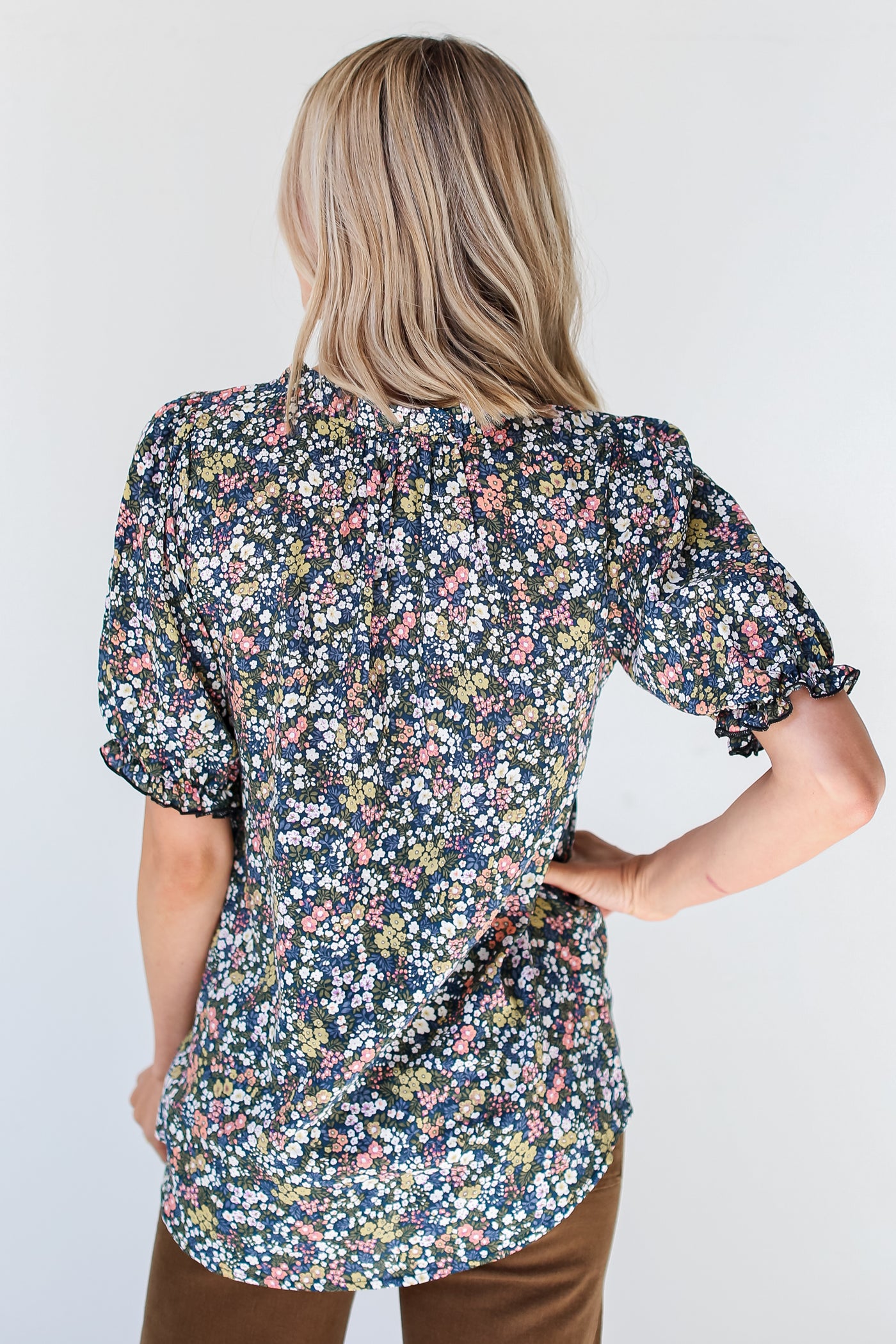 cute navy blue Floral Blouse back view