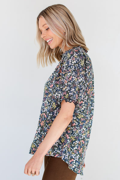 cute navy blue Floral Blouse side view