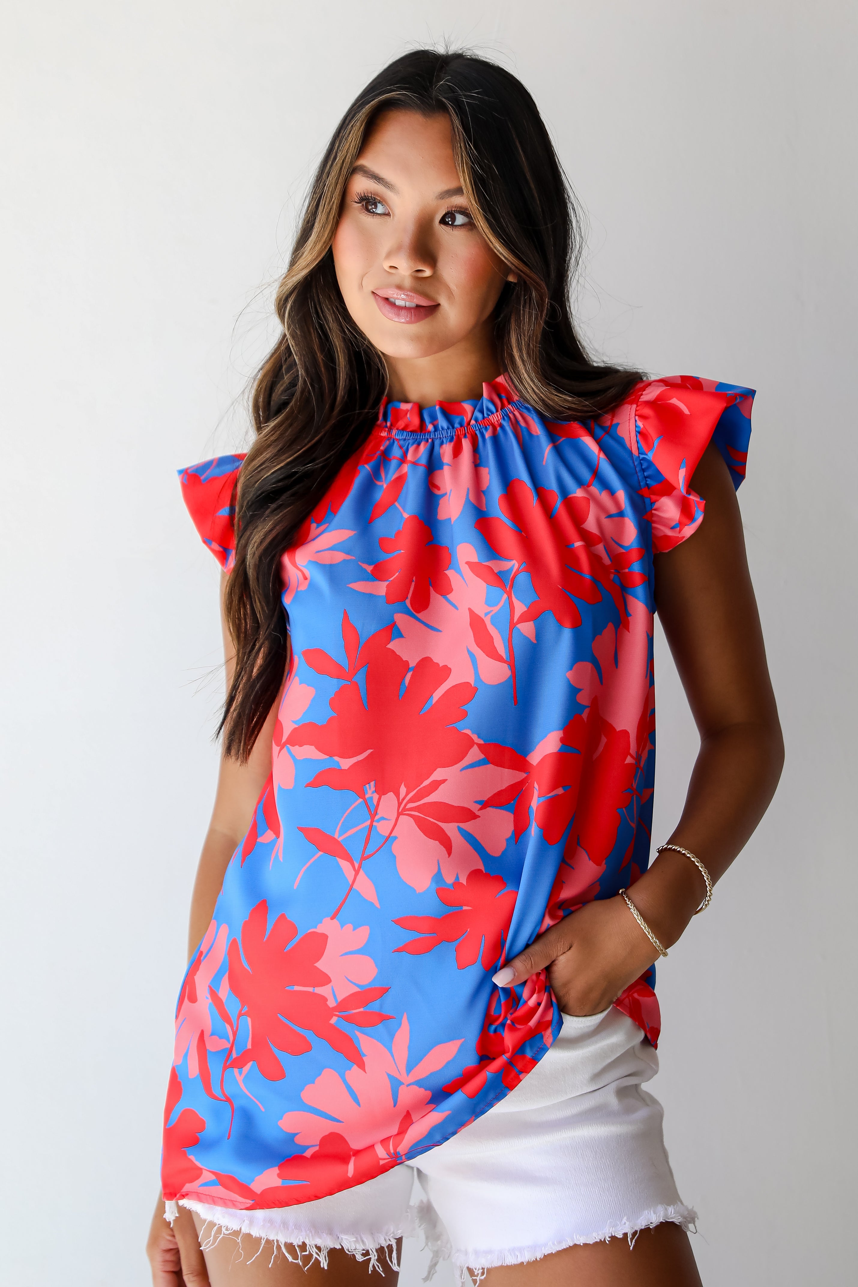 Always Elevated Blue Floral Ruffle Blouse