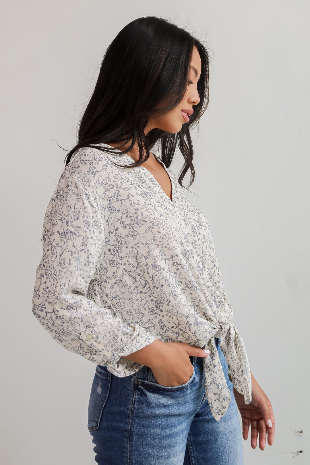 Decadently Sweet Cream Floral Tie-Front Blouse