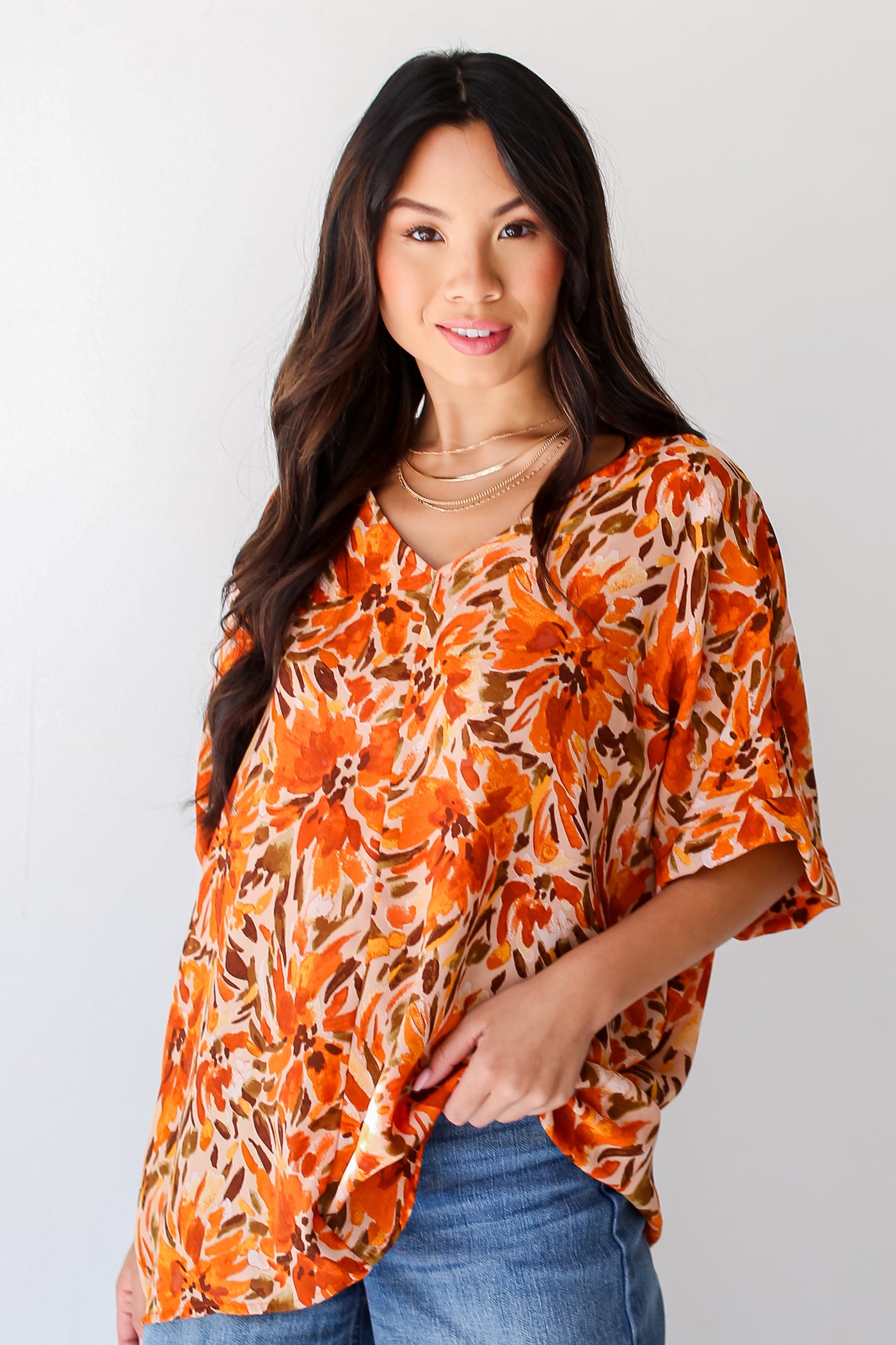 rust Oversized Floral Blouse front view