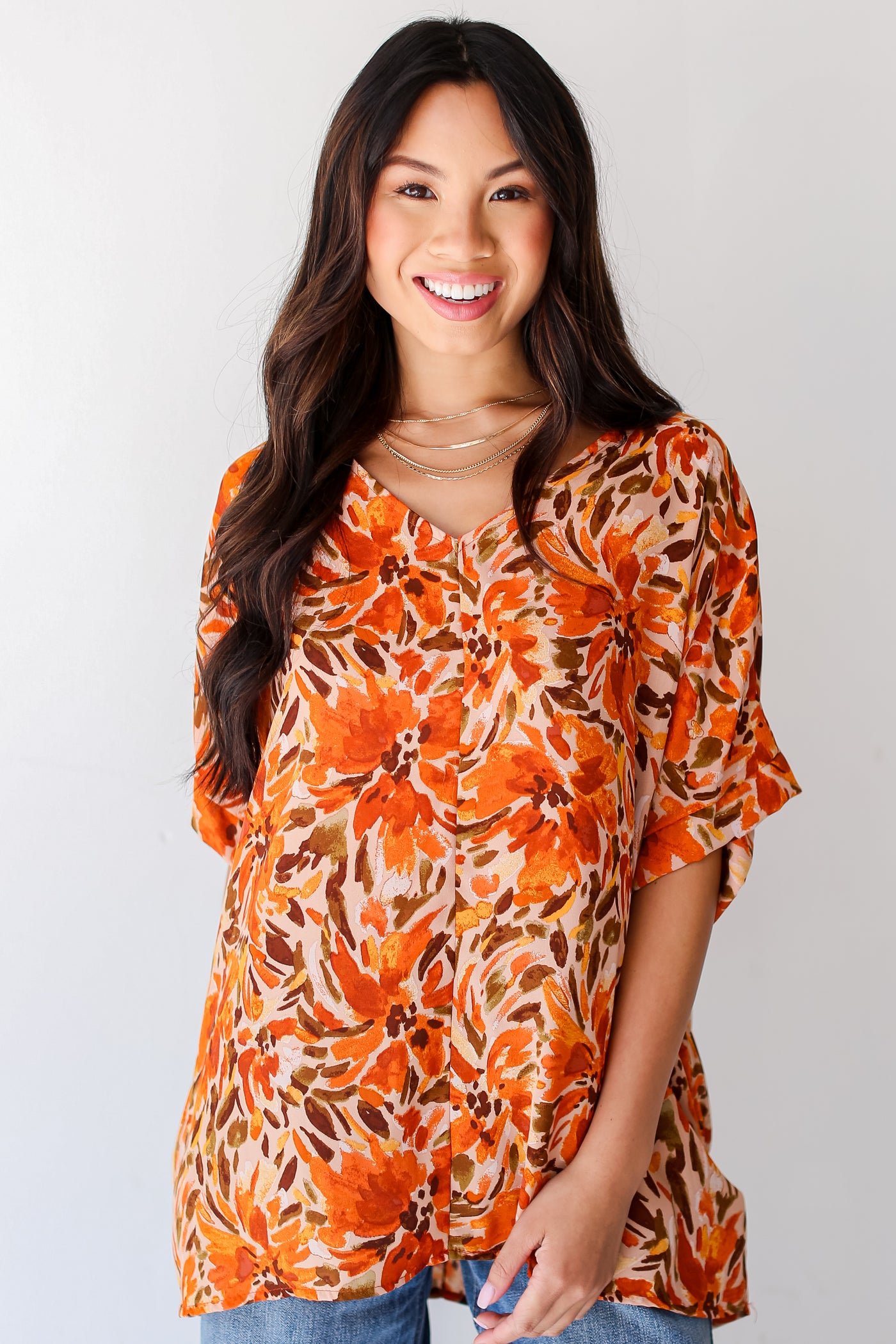 rust Oversized Floral Blouse with denim