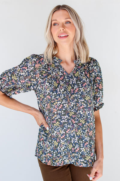 cute navy blue Floral Blouse untucked