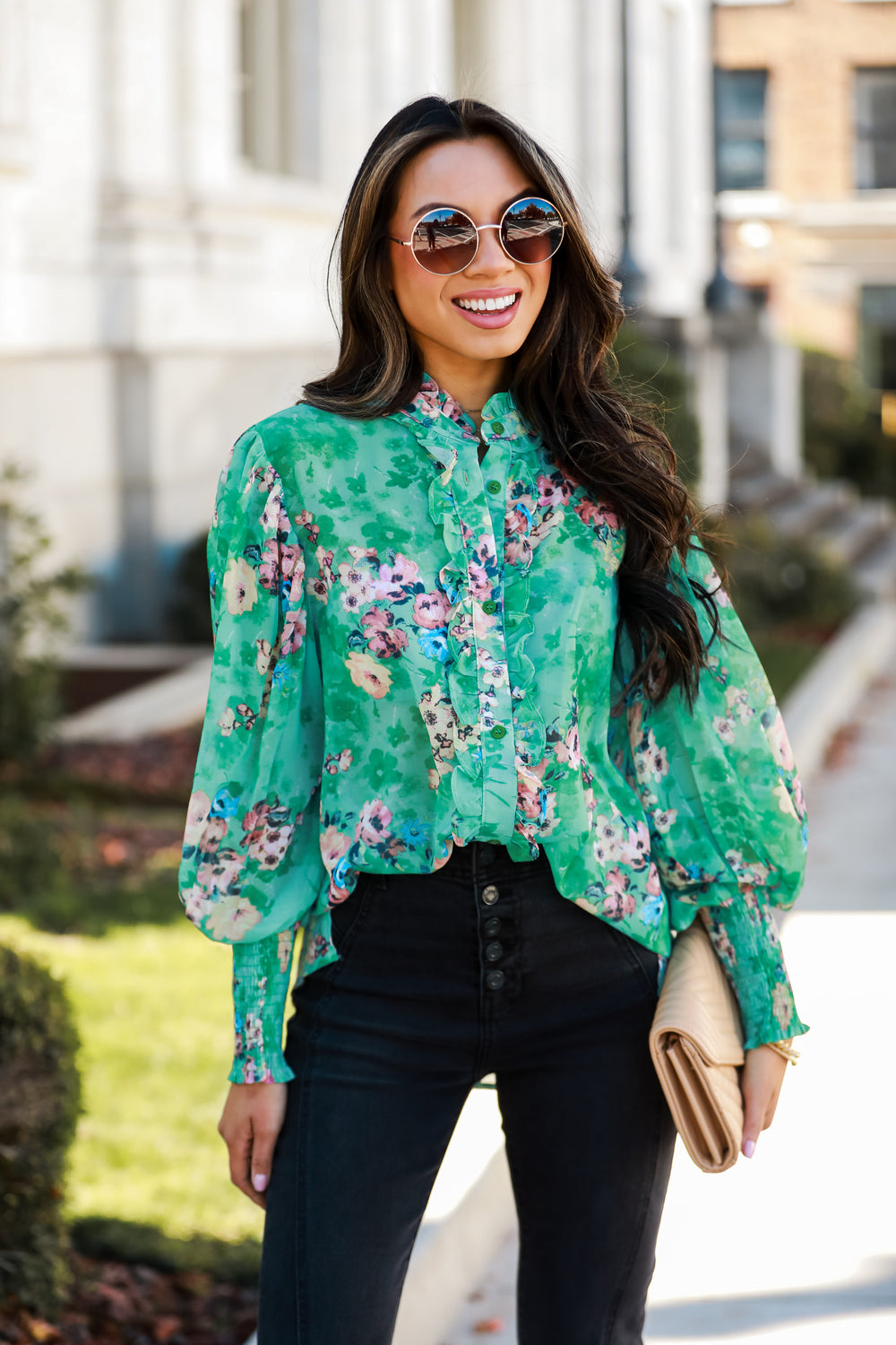 green floral blouse