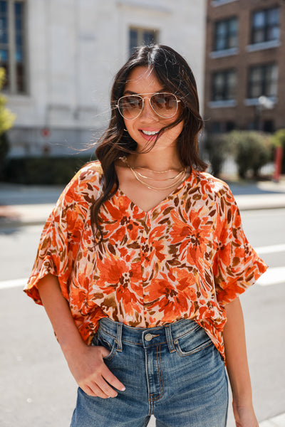 cute rust Oversized Floral Blouse