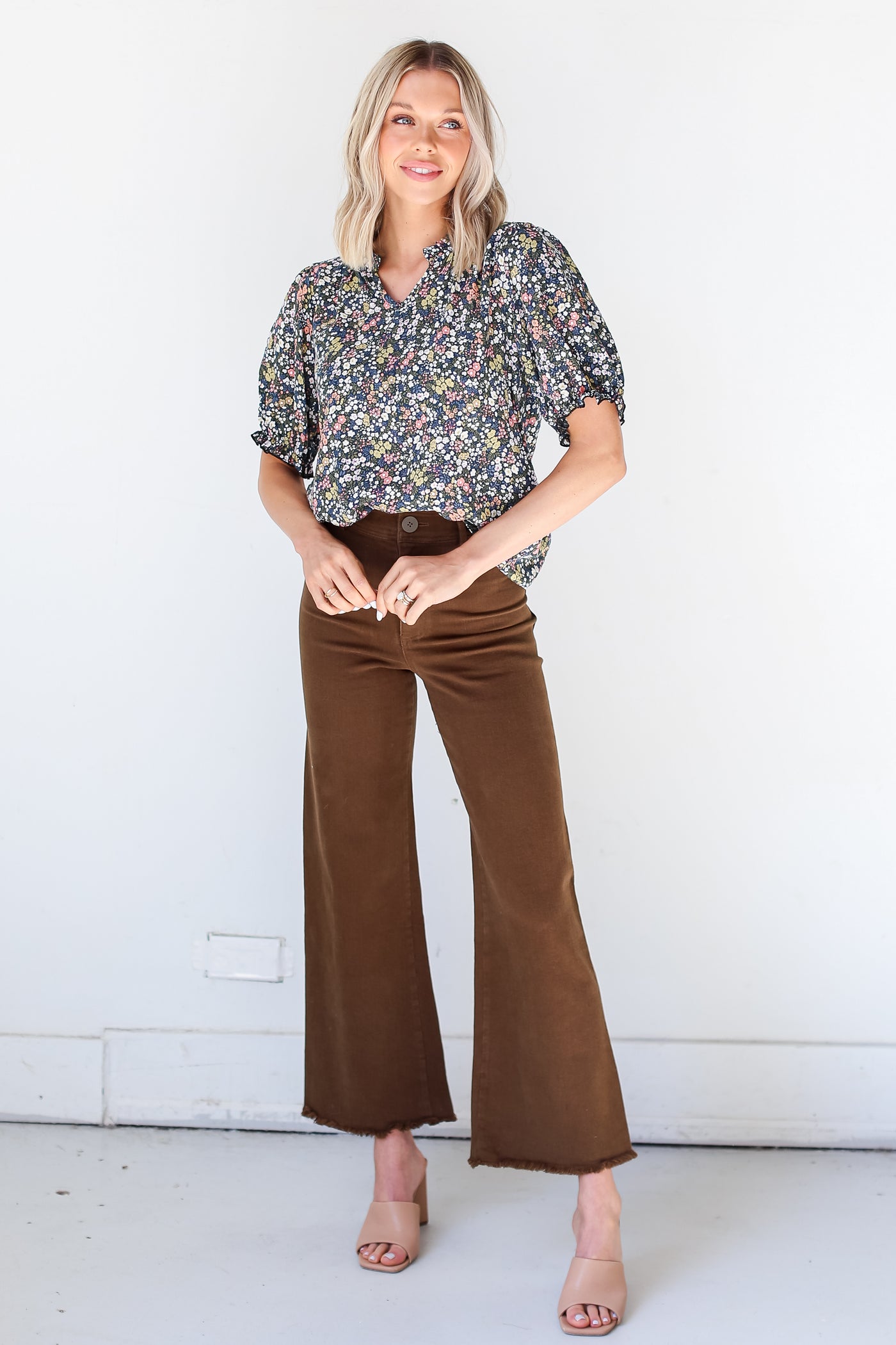 cute navy blue Floral Blouse with brown pants