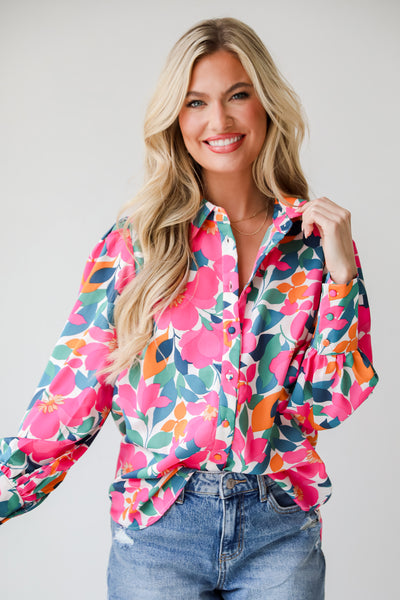 Purely Perfection Pink Floral Button-Up Blouse Pink Floral Button-Up Blouse