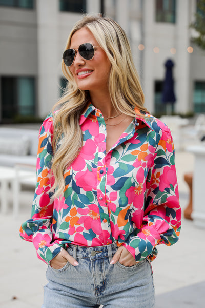 button up blouses for women Purely Perfection Pink Floral Button-Up Blouse