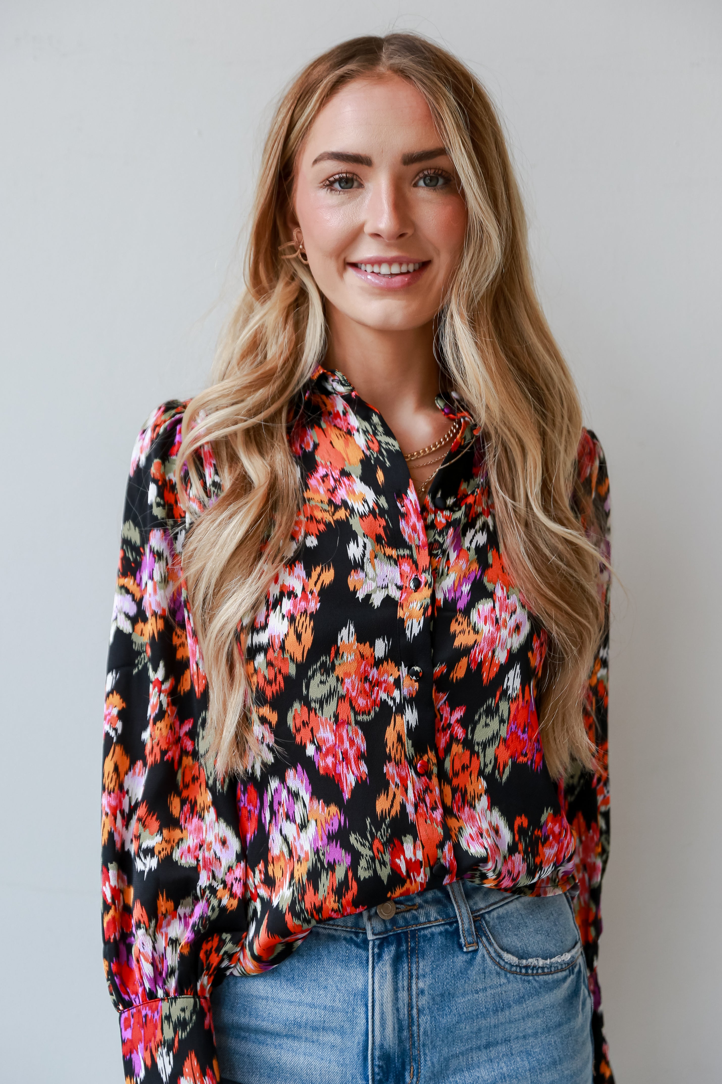 Black Satin Button-Up Blouse close up