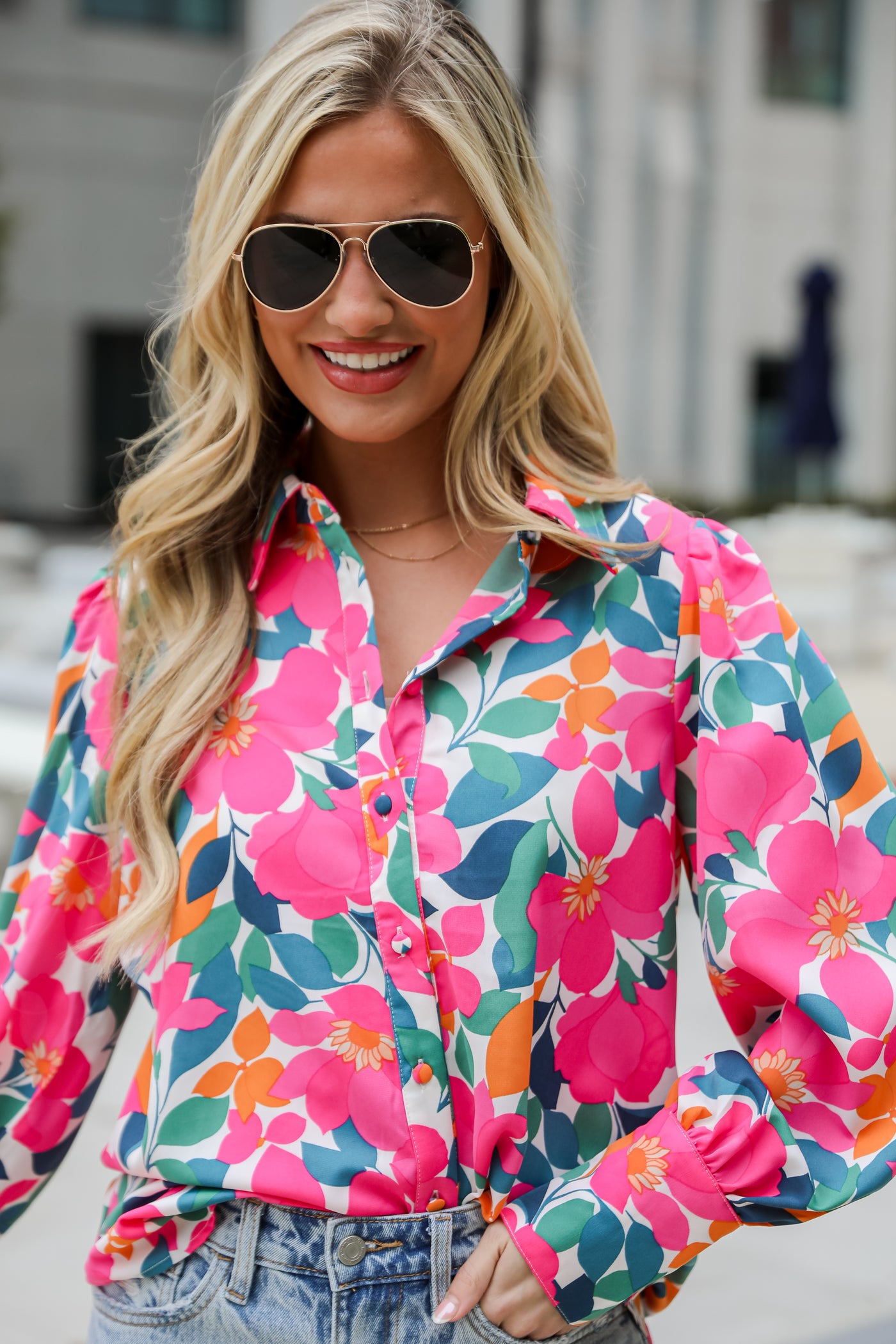 cute spring tops Purely Perfection Pink Floral Button-Up Blouse