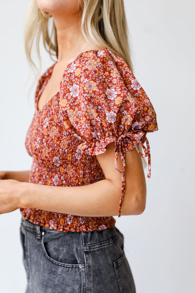 Smocked Floral Blouse close up side view