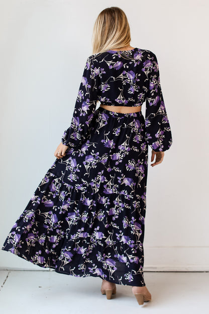 Navy Floral Cutout Maxi Dress back view