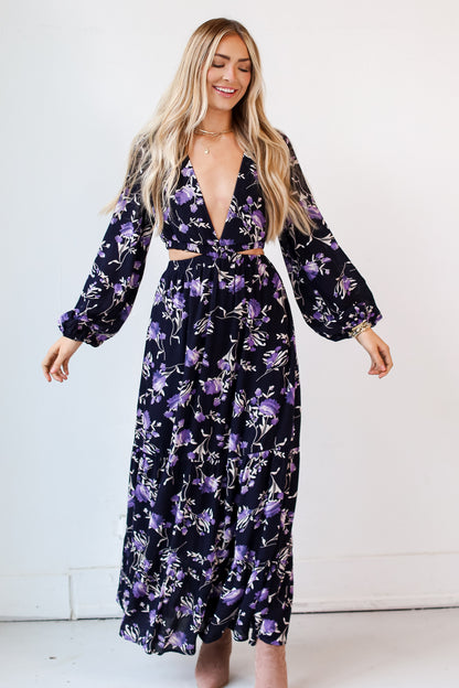 Navy Floral Cutout Maxi Dress front view