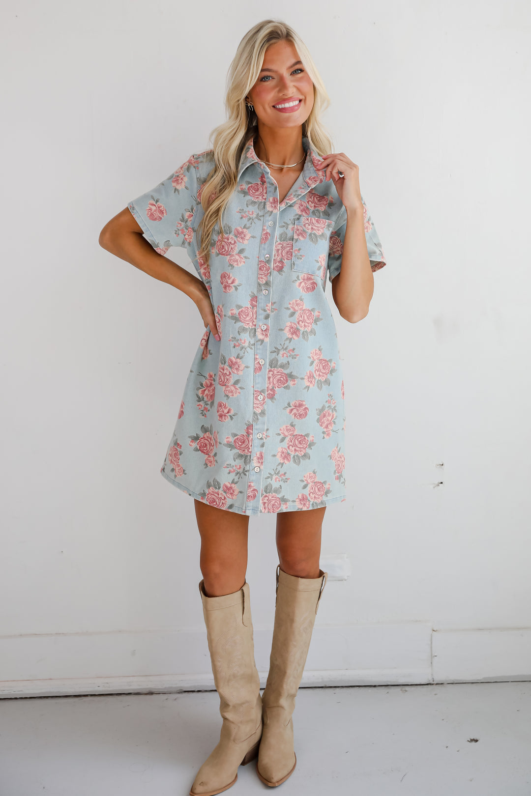 Gorgeous Purpose Denim Floral Mini Dress