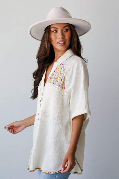 Number One Choice Ivory Floral Linen Blouse