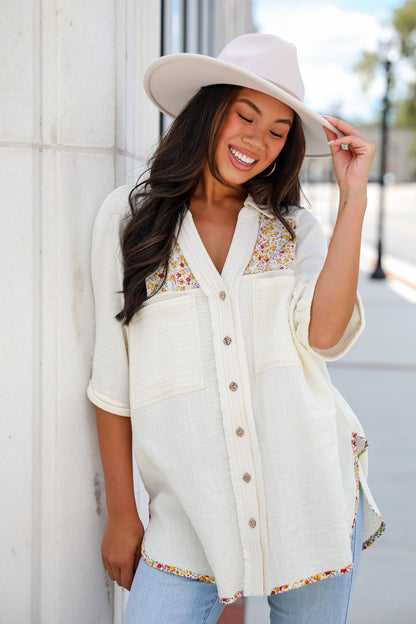 Number One Choice Ivory Floral Linen Blouse