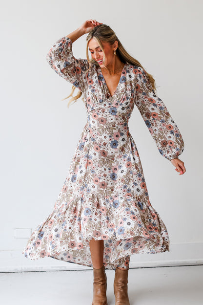 Floral Maxi Dress on model with brown boots