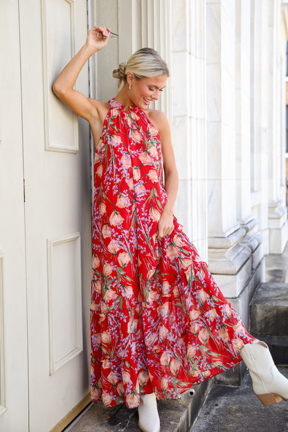 Happily Yours Red Floral Maxi Dress