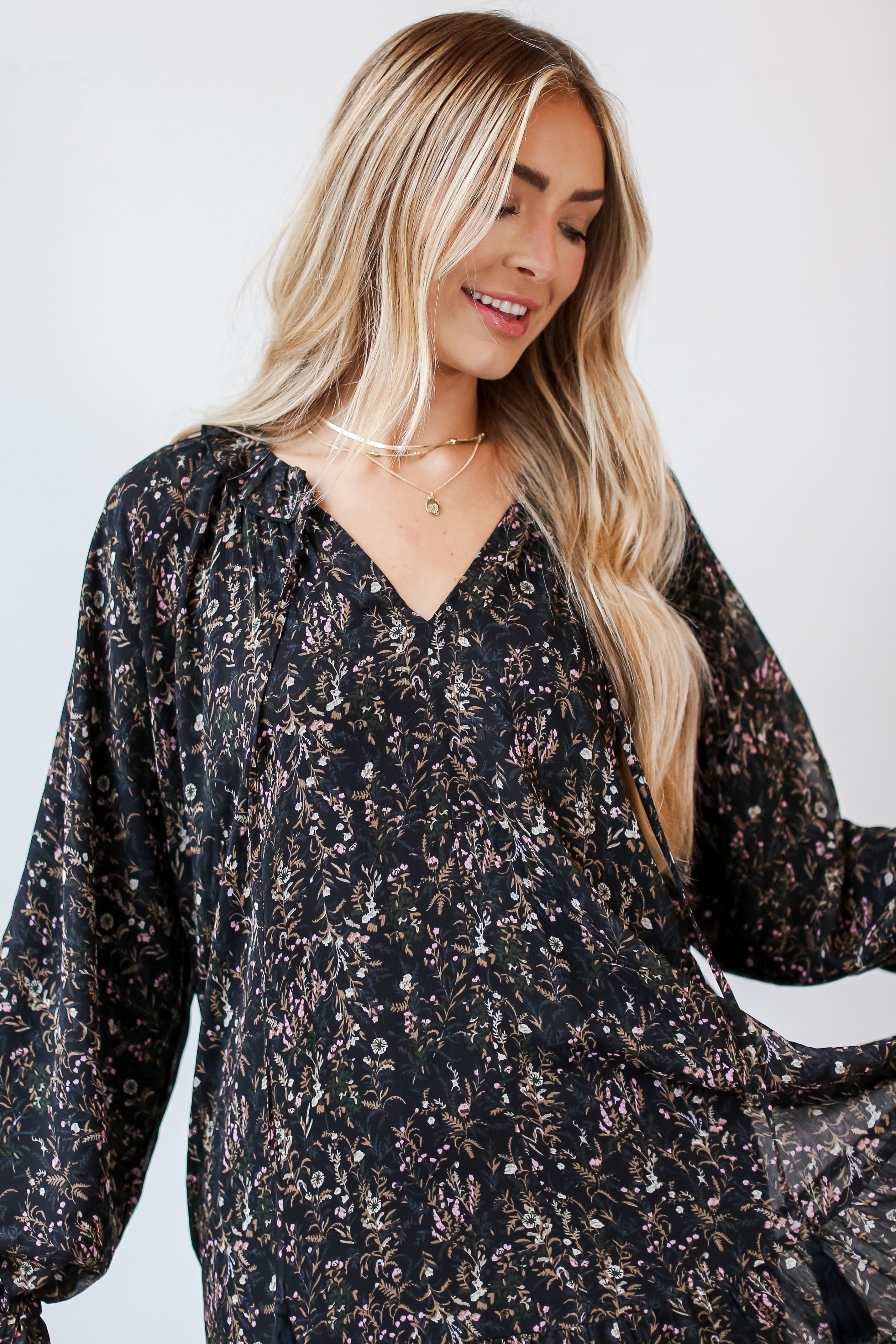 flowy long sleeve Black Floral Maxi Dress